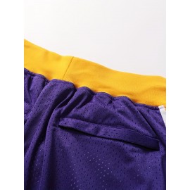 Men's Basketball Shorts with Embroidered LEGEND #24 Design - Purple & Yellow Loose-Fit Zipper Pockets, Breathable Mesh Athletic Shorts for Training, Streetwear & Casual Wear - All-Season Comfort