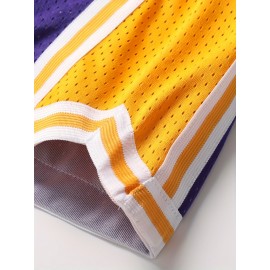Men's Basketball Shorts with Embroidered LEGEND #24 Design - Purple & Yellow Loose-Fit Zipper Pockets, Breathable Mesh Athletic Shorts for Training, Streetwear & Casual Wear - All-Season Comfort