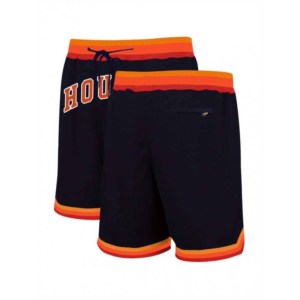 Men'S Blue Basketball Shorts With Pockets, Casual, Fashionable, Breathable, Sports Zipper, High-quality Embroidered Shorts