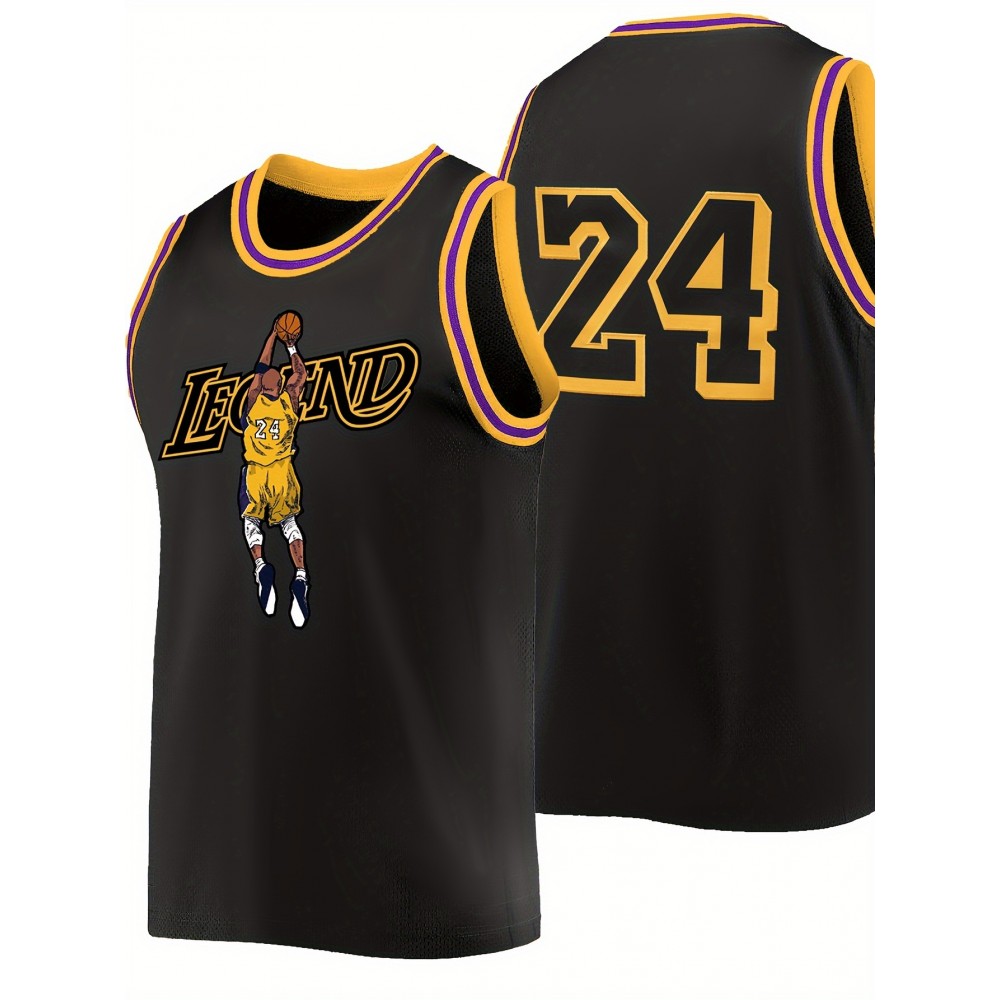 Men's Black # 24 Cartoon Portrait Basketball Shirt Casual Fashion Breathable Sports High-quality Embroidered Street Basketball Pullover