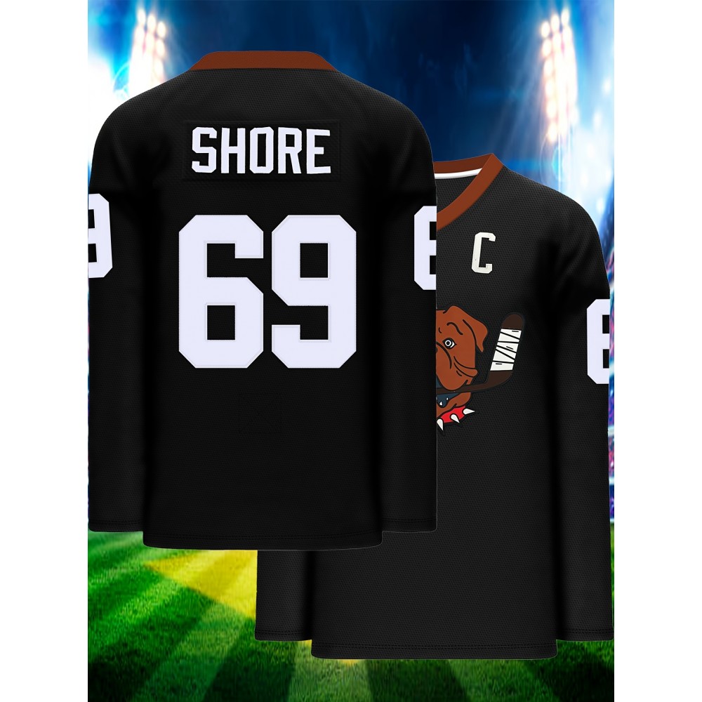 Men's Black #69 Ice Hockey Jersey - Loose Fit Breathable V-Neck Sweatshirt with SHORE Embroidery & Bear Graphic, All-Season Casual Streetwear for Sports & Outdoor Activities