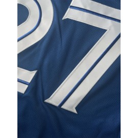 Men'S Blue # 27 Baseball Shirt, Classic Letter Embroidery Design, Breathable Button style Short Sleeve Shirt, Used for Training and Competition