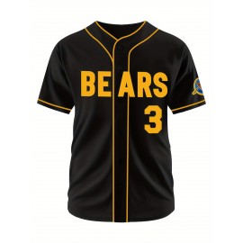 Men's Black # 3 Baseball Shirt, Classic Letter Embroidery Design, Button Style Short Sleeve Breathable Shirt, Training And Competition Category: Men's Baseball Shirt