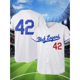Men'S White # 42 Baseball Shirt, Classic Letter Embroidery Design, Button style Short Sleeve Breathable Shirt, Training and Competition Category: Men'S Baseball Shirt