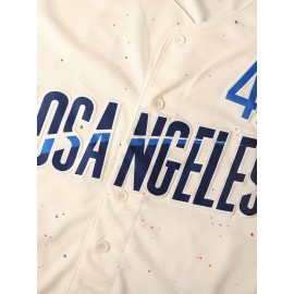 Men's #42 Los Angeles Embroidered Baseball Jersey - Beige V-Neck Loose Fit Polyester Sports Shirt with Red/Blue/White/Black Accents, Machine Washable for Casual, Team Sports, Christmas & Outdoor Activities (Sizes S-3XL), Smooth Texture Fabric