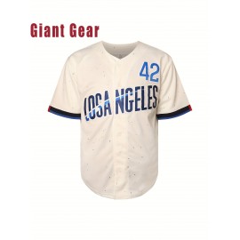Men's #42 Los Angeles Embroidered Baseball Jersey - Beige V-Neck Loose Fit Polyester Sports Shirt with Red/Blue/White/Black Accents, Machine Washable for Casual, Team Sports, Christmas & Outdoor Activities (Sizes S-3XL), Smooth Texture Fabric
