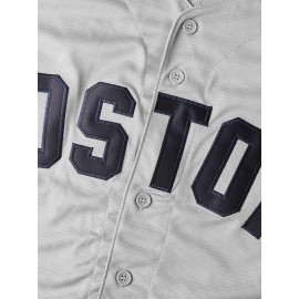 Men's Breathable Gray Baseball Jersey with Embroidered 'Boston' & Number 9V Collar - Loose Knit Polyester Sportswear for Team Sports, Beach, Casual Wear (Sizes S-3XL), Outdoor Activity Apparel, Embroidered Detailing