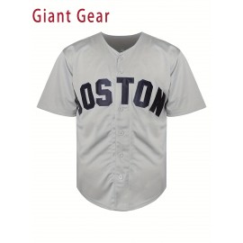 Men's Breathable Gray Baseball Jersey with Embroidered 'Boston' & Number 9V Collar - Loose Knit Polyester Sportswear for Team Sports, Beach, Casual Wear (Sizes S-3XL), Outdoor Activity Apparel, Embroidered Detailing