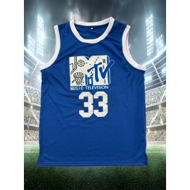 Men's #33 Blue Basketball Jersey - Retro Style, Breathable Polyester, V-Neck, Sleeveless Sports Uniform for Training, Competition & Parties - Machine Washable, Sizes S-XXXL, Casual Party Wear|Graphic Tank Top|Polyester Sports Fabric