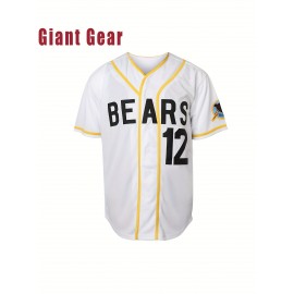 Men's #12 Bears Baseball Jersey - V-Neck Breathable Polyester Mesh, Loose Fit Sporty Design with Bears & Number 12, Machine Washable for Casual, Sports, Outdoor Activities (S-3XL), Sports Casual Wear | Sporty Vneck Jersey | Front Button Closure