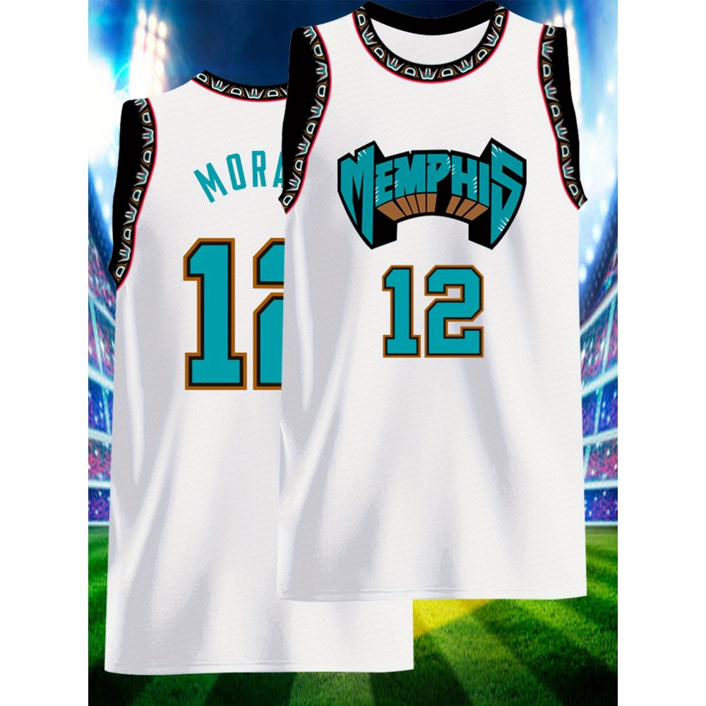 Men's White #12 Basketball Jersey - Breathable Loose Fit Embroidered Memphis Team Design with Bold Lettering & Number, All-Season Casual & Sports Wear, Machine Washable Streetwear for Men & Teens, Durable Sportswear