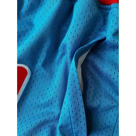 Men'S Moon Blue Embroidered Basketball Shorts With Pockets, Casual, Fashionable, Breathable, Sports Zipper, High Quality Embroidered Shorts