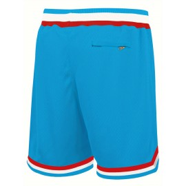 Men'S Moon Blue Embroidered Basketball Shorts With Pockets, Casual, Fashionable, Breathable, Sports Zipper, High Quality Embroidered Shorts