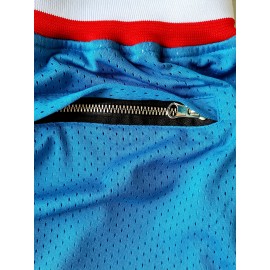 Men'S Moon Blue Embroidered Basketball Shorts With Pockets, Casual, Fashionable, Breathable, Sports Zipper, High Quality Embroidered Shorts