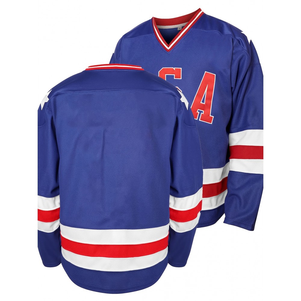 [Comfortable] Men's USA-Embroidered Blue Striped Ice Hockey Jersey - V-Neck, Long Sleeve, Breathable Polyester Sports Shirt, Perfect for Casual & Outdoor Activities, All Seasons Wear, Hockey Stocking Stuffers