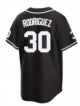 Men'S Black # 30 Baseball Shirt, Classic Letter Embroidery Design, Button style Short Sleeve Breathable Shirt, Training and Competition Category: Men'S Baseball Shirt
