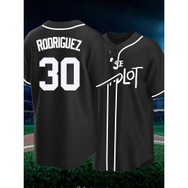 Men'S Black # 30 Baseball Shirt, Classic Letter Embroidery Design, Button style Short Sleeve Breathable Shirt, Training and Competition Category: Men'S Baseball Shirt