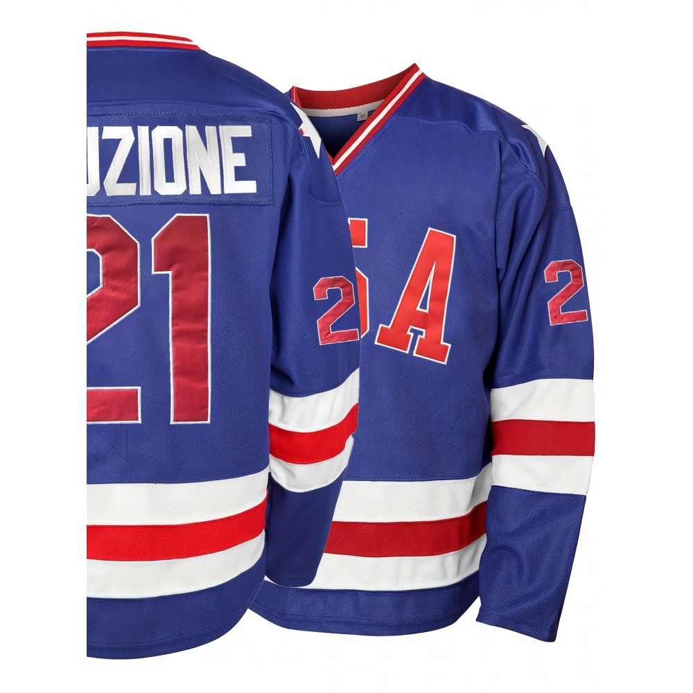 1pc SheLucki Men'S Ice Hockey Jersey Sweatshirt - Embroidered V-Neck Long Sleeve Top, Polyester Sports Shirt for Casual, Outdoor, Running & Exercise, Loose Fit for All Seasons