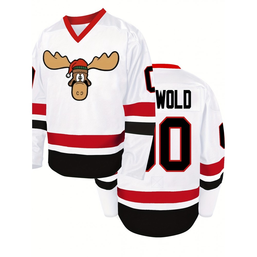 Men's White #00 Christmas Moose Ice Hockey Jersey - Embroidered Long Sleeve, V-Neck, Loose Fit, Breathable Polyester, Sporty & Casual for Parties, Streetwear & Outdoor Activities, Hockey Stocking Stuffers
