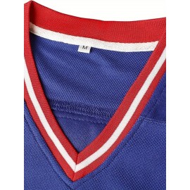 Men's Blue #21 Ice Hockey Sweatshirt - Loose Fit, Embroidered Long Sleeve, Sporty & Casual, Breathable Polyester, V-Neck, Machine Washable, Perfect for Outdoor Activities & Streetwear