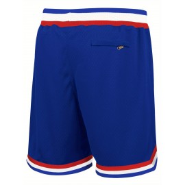 Blue High Quality Men's Embroidered Baseball Shorts with Pockets, Breathable, Casual Fashion, Sports Zipper