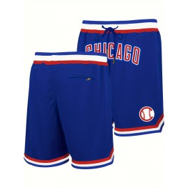 Blue High Quality Men's Embroidered Baseball Shorts with Pockets, Breathable, Casual Fashion, Sports Zipper