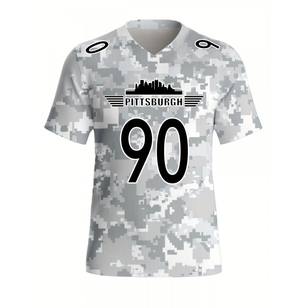Women's Arctic Camo Pittsburgh #90 Polyester Football Jersey, Women V-Neck Game Day Sports Shirt With Slight Stretch, Breathable Casual Knit Fabric, Loose Fit Adult, Fans Gift Women, For Casual, Party, And Training Wear