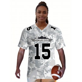 Women's Arctic Camo Kansas City #15 Polyester Football Jersey, Women V-Neck Game Day Sports Shirt With Slight Stretch, Breathable Casual Knit Fabric, Loose Fit Adult, Fans Gift Women, For Casual, Party, And Training Wear
