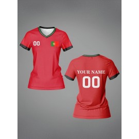 Customized Name & Number Women's V-Neck Football Jersey - Breathable Quick-Dry Moisture-Wicking Fabric, Team Emblem & Flag Design, Regular Fit for Team Training, Fitness, Casual Wear (Spring/Summer/Fall), Customized Jersey, Quickdrying Fabric
