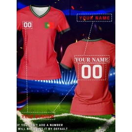 Customized Name & Number Women's V-Neck Football Jersey - Breathable Quick-Dry Moisture-Wicking Fabric, Team Emblem & Flag Design, Regular Fit for Team Training, Fitness, Casual Wear (Spring/Summer/Fall), Customized Jersey, Quickdrying Fabric