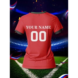 Customized Name & Number Women's V-Neck Football Jersey - Breathable Quick-Dry Moisture-Wicking Fabric, Team Emblem & Flag Design, Regular Fit for Team Training, Fitness, Casual Wear (Spring/Summer/Fall), Customized Jersey, Quickdrying Fabric