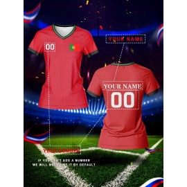 Customized Name & Number Women's V-Neck Football Jersey - Breathable Quick-Dry Moisture-Wicking Fabric, Team Emblem & Flag Design, Regular Fit for Team Training, Fitness, Casual Wear (Spring/Summer/Fall), Customized Jersey, Quickdrying Fabric
