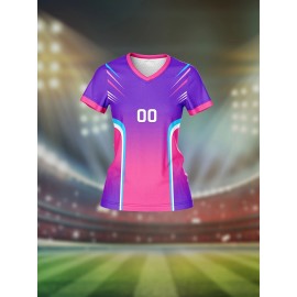 Custom Name and Number Women'S V-Neck Football Shirt Top, Polyester, Slight Stretch, All Over Print, Regular Length, Knit Fabric, 210g/m², Breathable, Quick Dry, Daily Casual, for Team, Personal Training, Sports, Fitness