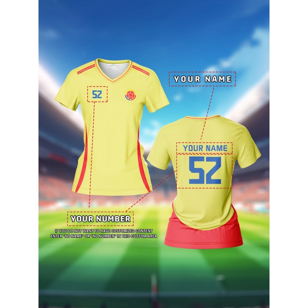Customizable Women's V-Neck Soccer Jersey - Personalized Name & Number, Breathable Quick-Dry Sports Top for Team Training, Fitness & Casual Wear, Yellow with Blue Stripe Design, Casual Sportswear | Customizable Athletic Wear | Durable Sports Clothing
