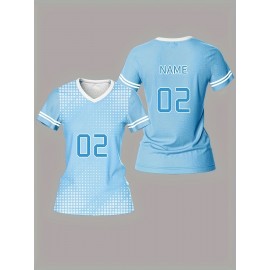 Customizable Women'S V-Neck Football Jersey, Polyester 100% Knit Fabric, Quick-Dry, Breathable, Slight Stretch, Regular Length, All Over Print, Sports Style for Team Training & Fitness - Spring/Summer/Fall