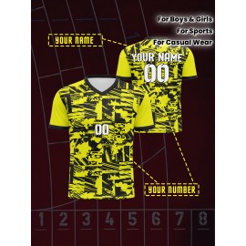 1pc Customizable Soccer Jersey for Kids - V-Neck Football Shirt with Personalized Name & Number, 100% Polyester Knit Fabric, All-Over Print, Medium Stretch, Regular Fit, for Boys & Girls, Sports & Casual Wear, Spring/Summer/Fall