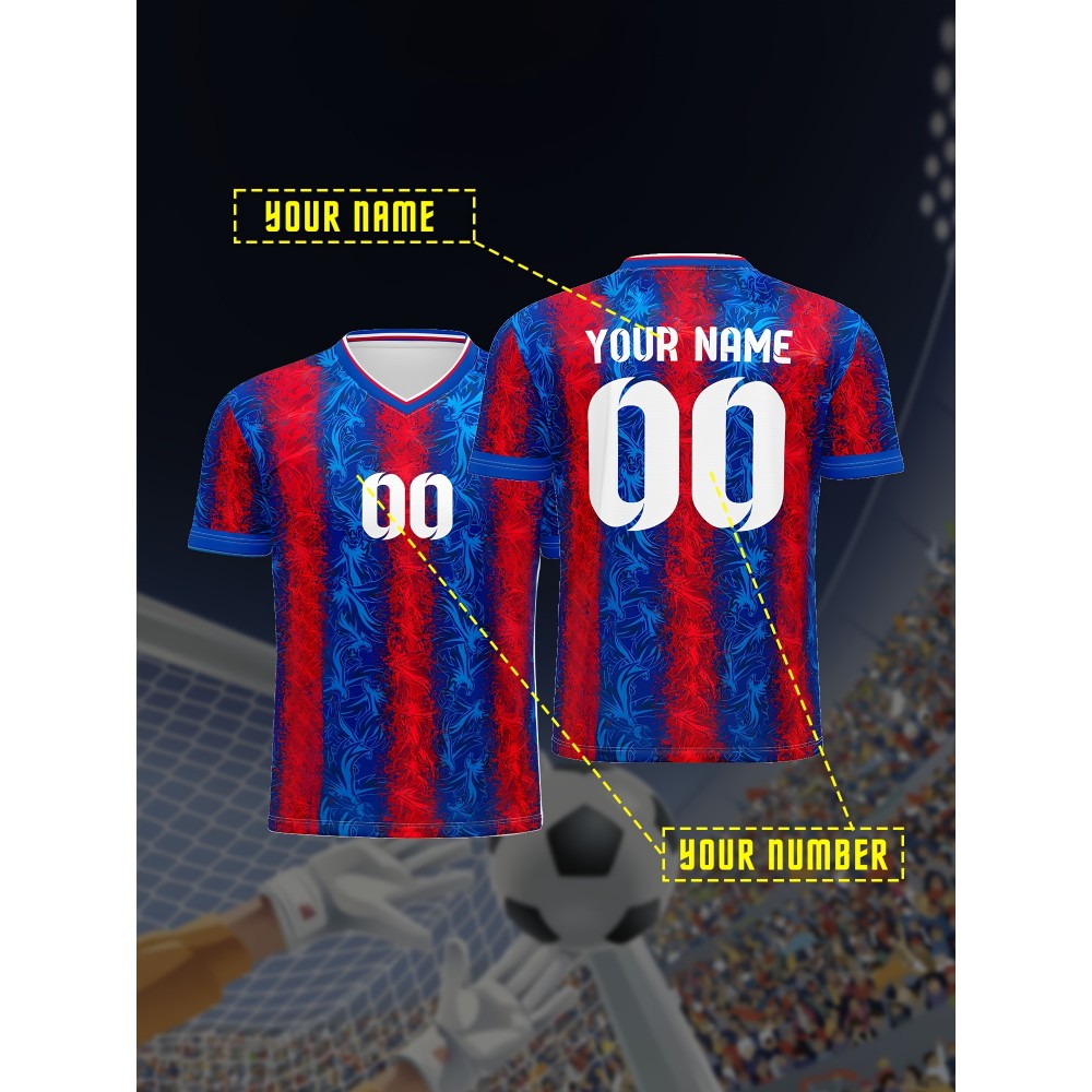 Youth Soccer Jersey - Customizable Name & Number, Red & Blue Striped Design, V-Neck, Stretchy Fabric, Perfect for Sports, Casual, and Outdoor Activities, Youth Sports Apparel | Customizable Jersey | Comfortable Fit, Soccer Gear