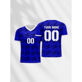 1pc Customizable Soccer Jersey for Kids - V-Neck, All-Season Knit Polyester Football Shirt with Personalized Name & Number, Preppy Street Style, Medium Stretch, Patterned - Ideal for Sports, Parties, Beach, Casual Outings