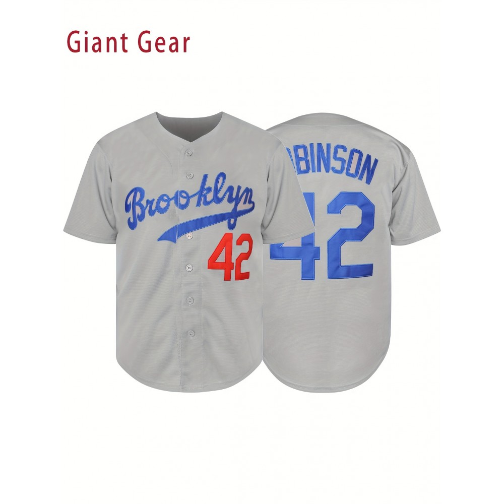 Men's #42 Gray Baseball Jersey - Breathable V-Neck Loose Fit with Red & Blue Lettering, Machine Washable for Training, Hiking, Team Sports & Casual Wear (Sizes S-3XL)