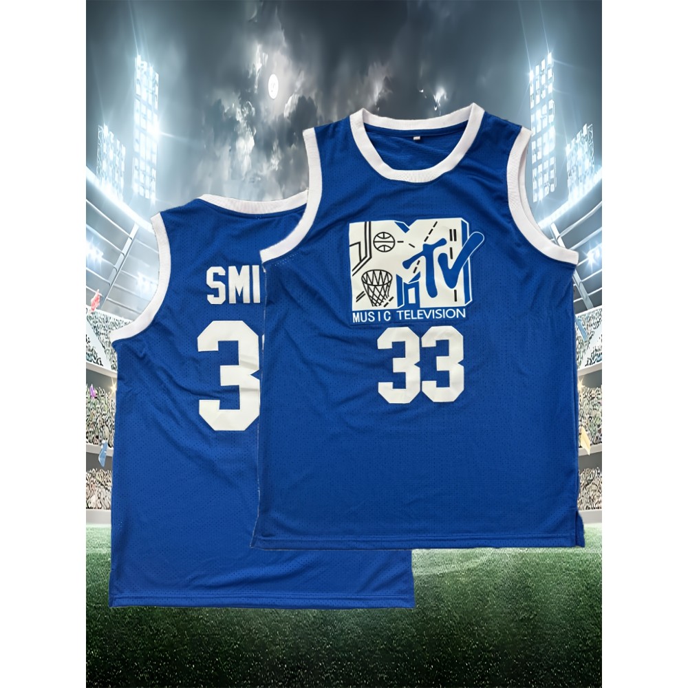 Men's #33 Blue Basketball Jersey - Retro Style, Breathable Polyester, V-Neck, Sleeveless Sports Uniform for Training, Competition & Parties - Machine Washable, Sizes S-XXXL, Casual Party Wear|Graphic Tank Top|Polyester Sports Fabric