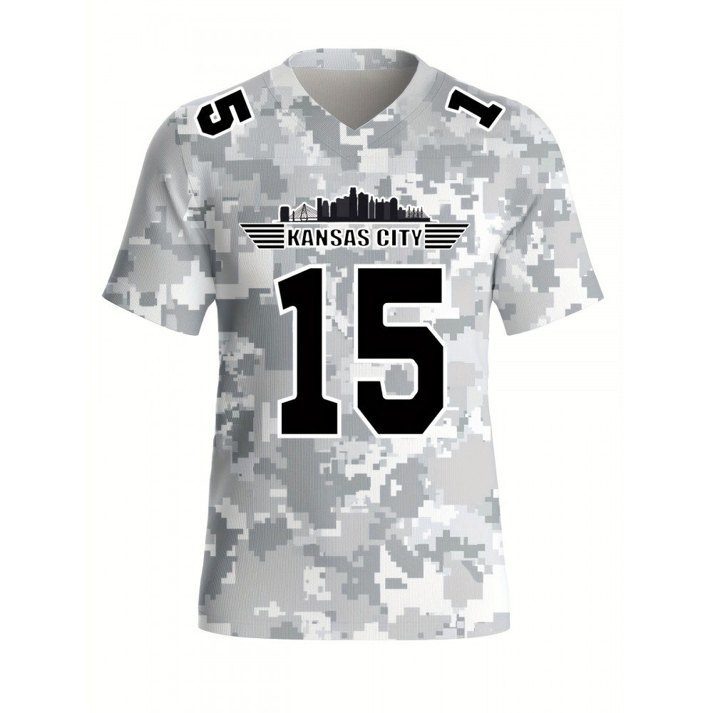 Women's Arctic Camo Kansas City #15 Polyester Football Jersey, Women V-Neck Game Day Sports Shirt With Slight Stretch, Breathable Casual Knit Fabric, Loose Fit Adult, Fans Gift Women, For Casual, Party, And Training Wear